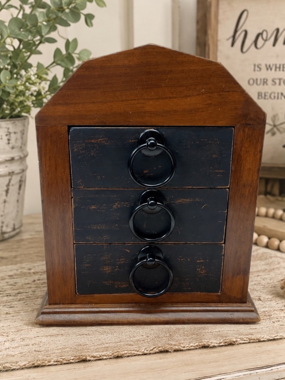 Homemade Vtg Barn Jewelry Box 3 Drawer Wood Velvet Lined Farmhouse Rustic Unisex
